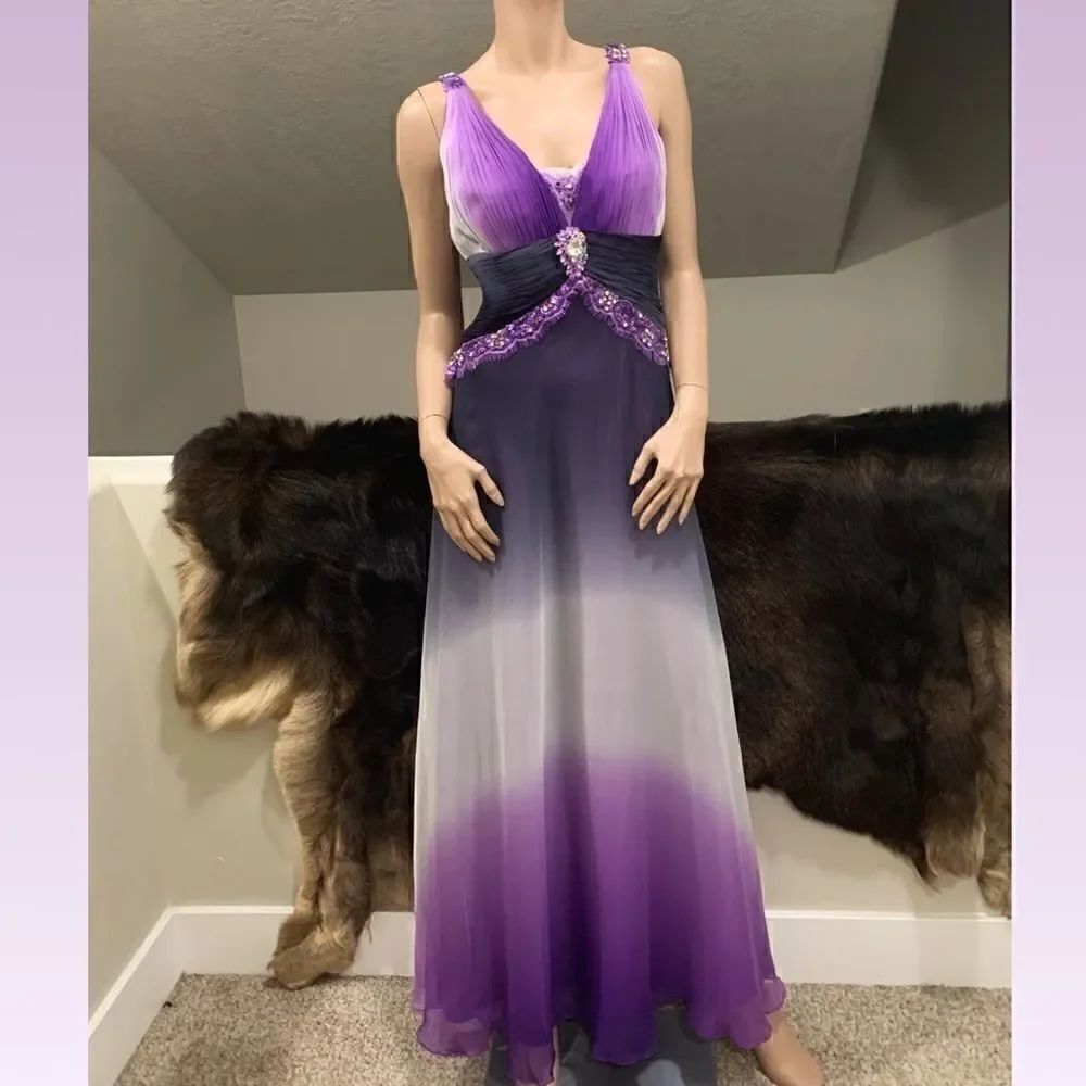 Gorgeous Purple Gradient 100% Silk Evening Gown with Sequins & Beads